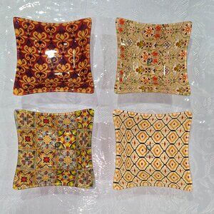Set of 4 Square Floral Glass Serving/Snack Bowl. Multi-color; 4.5inch all sides